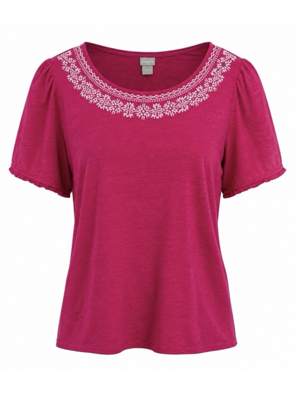 Chico’s 3 Linen Shirt Top XL Pink Short Flutter Sleeve Floral Embroidered Fringe